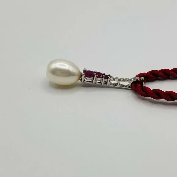 Sterling Silver Burma Ruby & Pearl Pendant Necklace - Picture 3 of 9